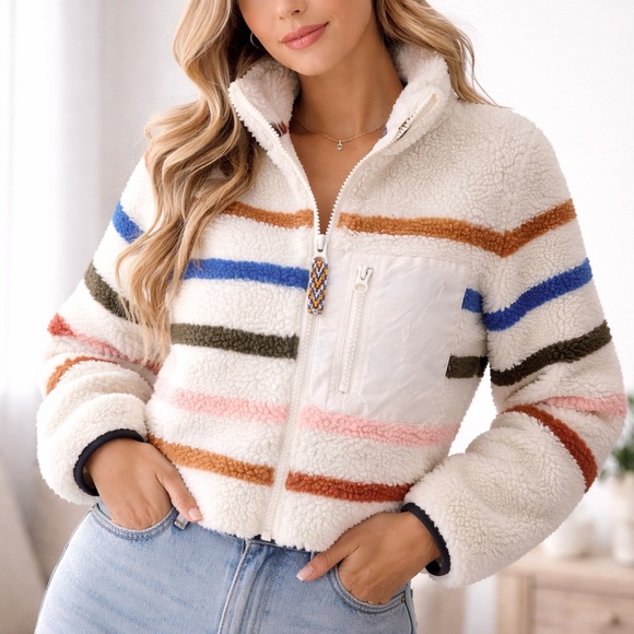 Faherty Sherpa Fleece Jacket Striped Multi Color Zip Up Size S Cozy - Picture 10 of 10